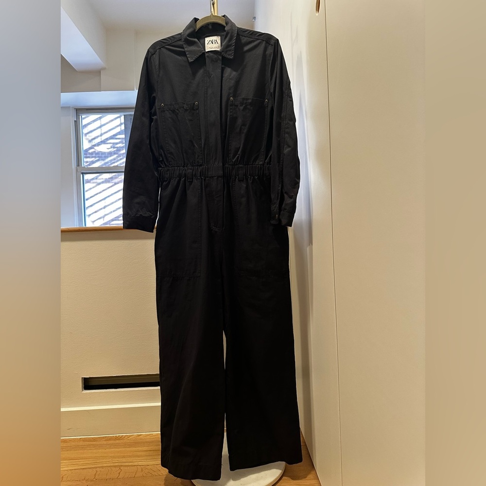 Zara Black Long-Sleeve Utility Jumpsuit